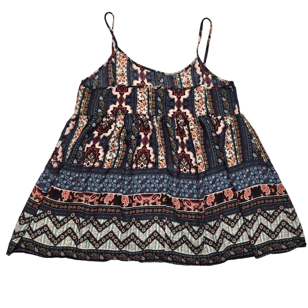 Living Doll Boho Paisley Babydoll Cami Top Geometric Tribal Print Navy Medium